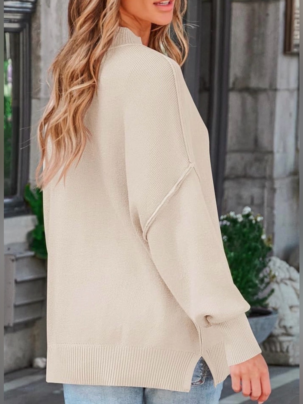 Women's Cream Oversized Crewneck Sweater - Casual Relaxed Fit - Picture 3 of 6